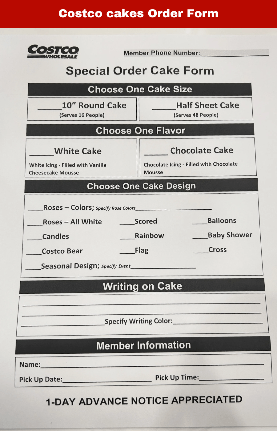 The image shows a Costco Special Order Cake Form, detailing options for cake size, flavor, design, personalized writing, and member information for pickup. Choices include 10" Round or Half Sheet cakes, flavors like White or Chocolate, and designs such as Roses, Balloons, and Baby Shower.