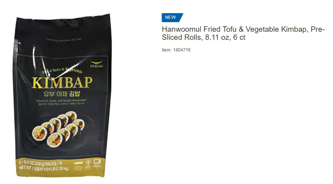 Costco wholesale store Hanwoomul Fried Tofu & Vegetable Kimbap, Pre-Sliced Rolls, 8.11 oz, 6 ct